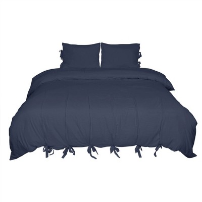 3 Pcs Washed Cotton Solid with Bowknot Closure Design Bedding Sets King Navy Blue - PiccoCasa