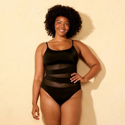 Shade & Shore Women's Mesh Scoop Neck Medium Coverage One Piece Swimsuit - Shade & Shore™ Black S — фото 4