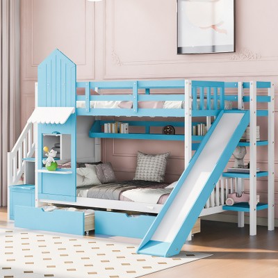 Bellemave Twin Size Castle Bunk Bed Frame with 2 Drawers, 3 Shelves & Slide, Princess Loft Bed for Kids, boys, girls, Blue