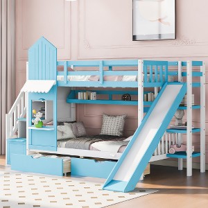 Bellemave Twin Size Castle Bunk Bed Frame with 2 Drawers, 3 Shelves & Slide, Princess Loft Bed for Kids, boys, girls, Blue - 1 of 4