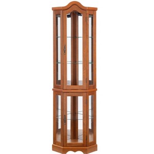 Gulches Oak Lighted Corner Curio Cabinet - Tempered Glass Doors/Shelves, Crown Design with Bulb for Living Room/Bedroom Display - 1 of 4