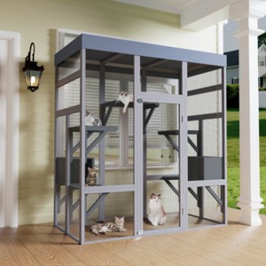 62.6" Large Wooden Outdoor Cat House with Waterproof Roof, Catio Enclosure with 6 Platforms and 2 Resting Boxes for Patio–The Pop Home - 1 of 4