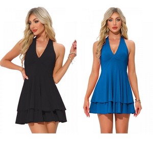 INSPIRE CHIC Women's Halter Party Deep V Neck Backless Layer Mini Dress 2 Packs - 1 of 4