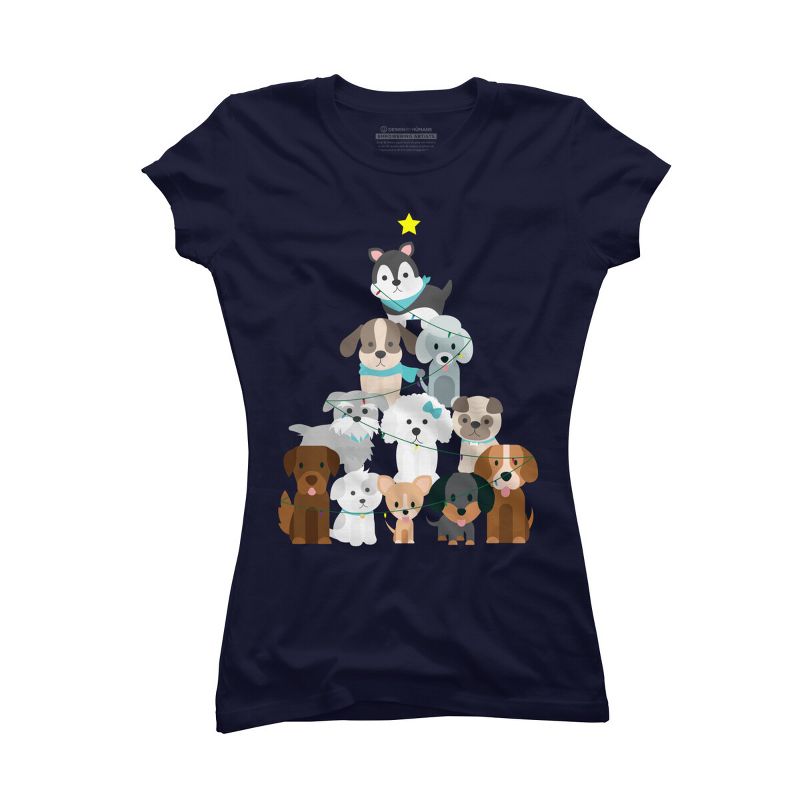 Junior's Design By Humans Christmas Tree Dogs By GiftsIdeas T-Shirt, 1 of 4