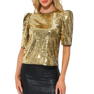 INSPIRE CHIC Women's Sequin Puff Sleeve Round Neck Back Keyhole Blouse - 1 of 4