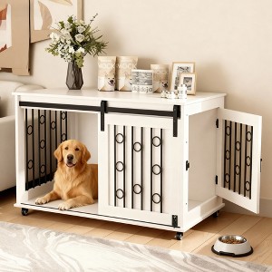 KTMBDW Dog Crate Furniture, Wooden Kennel Table with Double Doors, Indoor Dog House, Small/Medium Size, Lockable Wheels, 39.37" L, White - 1 of 4