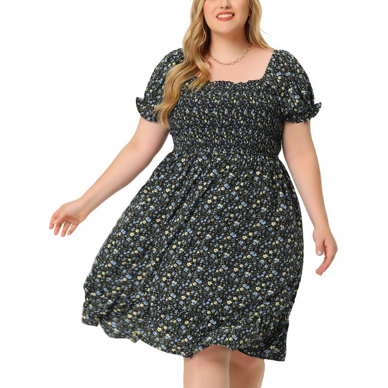 Agnes Orinda Women's Plus Size Flared Flowy Smock Ruffle Sleeve Floral Dresses, 2 of 7