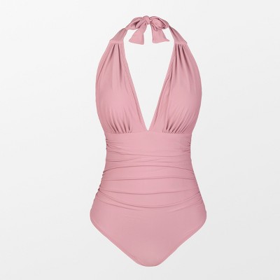 Women's Plunge Halter Backless Ruched One Piece Swimsuit - Cupshe-Dusty Pink-S