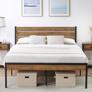 Queen Platform Bed Frame with Wooden Headboard and Metal Slats/Rustic Country Style Mattress Foundation/Strong Metal Slats Support/Easy Assembly/Brown - 1 of 4