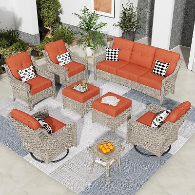 XIZZI 8 Pieces Wicker Sofa with Cushion, Swivel Rocking Chairs, High Back Rattan Chairs and Ottomans, 9 Seats Conversation Set for Backyard
