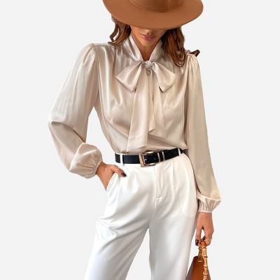 Women's Front Bow Long Sleeve Satin Blouse - Cupshe