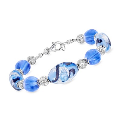 Ross-Simons Italian Tonal Blue Murano Glass Bead Bracelet in Sterling Silver Size 7