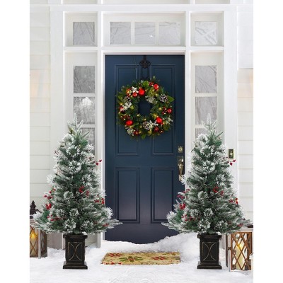 2 PCS Artificial Christmas Tree with Lighting, 90 cm Artificial Christmas Tree Snow-Flocked with 78 LED Retro Pot Base Christmas Decoration