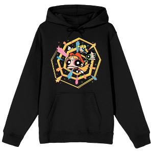 Powerpuff Girls Superpowered Sisters Spiral Background Long Sleeve Black Adult Hooded Sweatshirt - 1 of 3