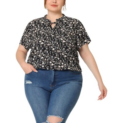 Agnes Orinda Women's Plus Size Self-tie Ruffle Pleated Floral Elegant Casual Blouses