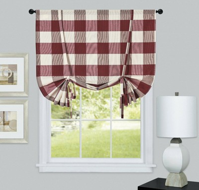 Kate Aurora Country Farmhouse Buffalo Plaid Gingham Single Tie Up Window Curtain Shades