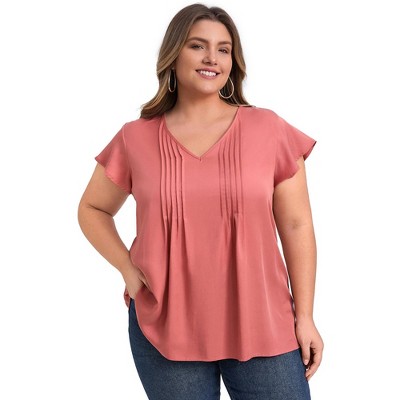 GRACE & GRANDEUR Women's Plus Size Topstitched Tucks V Neck Ruffle Short Sleeve Dressy Casual Blouses