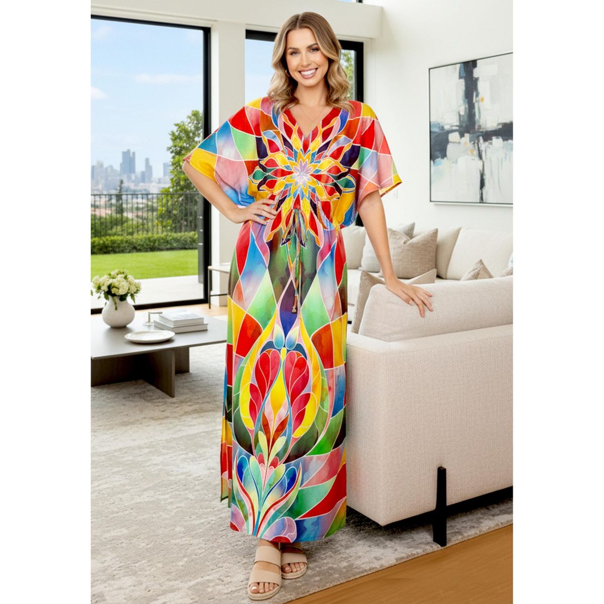 HAPPY BAY Women's Summer Vacation Loungewear Casual Long Kaftan Beach Cover Up Dress Maxi Dresses Caftans for Women One Size Multicolor Floral - thumbnail 5