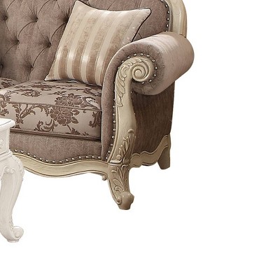 Antique White and Gray Tufted Fabric Loveseat with Rolled Arms