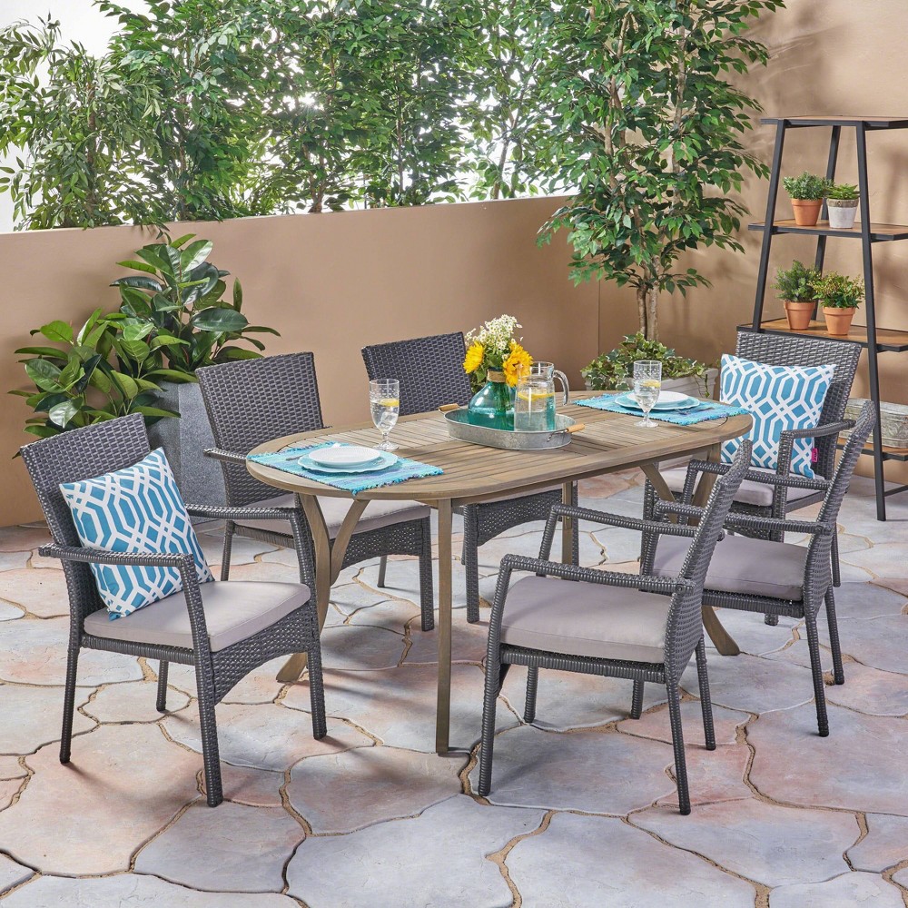 Photos - Garden Furniture Landon 7pc Wood & Wicker Dining Set - Gray - Christopher Knight Home