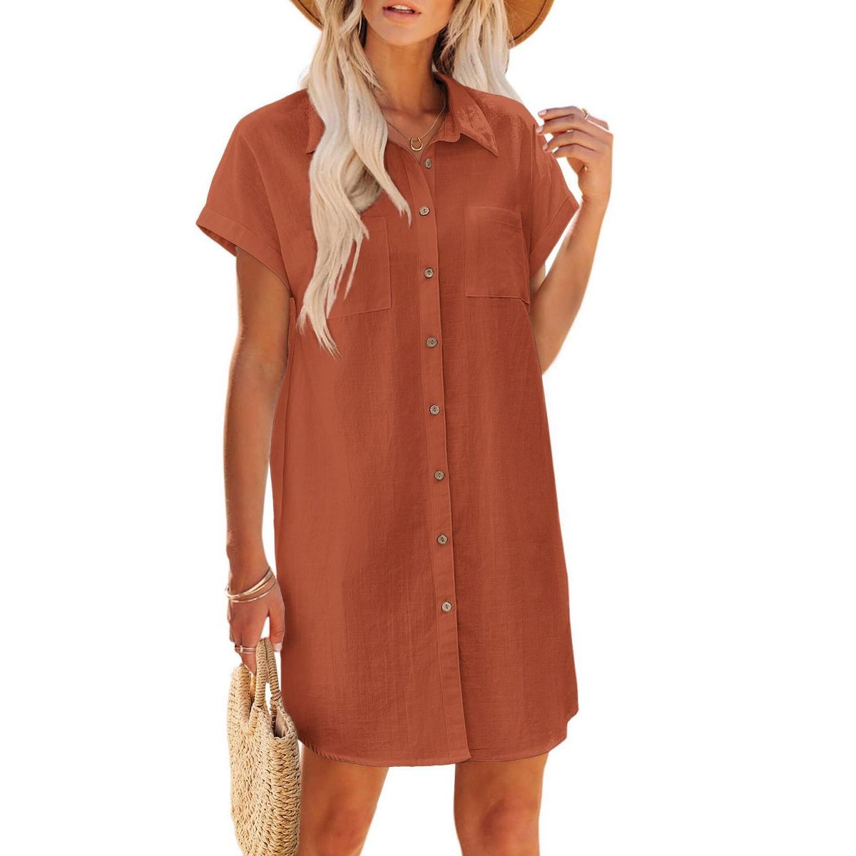 Button Down Shirtsdress for Women Summer 2025 Short Sleeve Shift Dress Striped Shirt Dress Cap Sleeve Mini Casual Sundress with Chest Pocekts - thumbnail 5