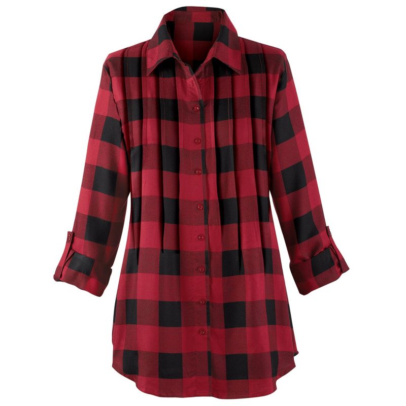 Collections Etc Buffalo Plaid Design Pintuck Tunic Top with Roll-Tab Sleeves and Button Front, 2 of 5