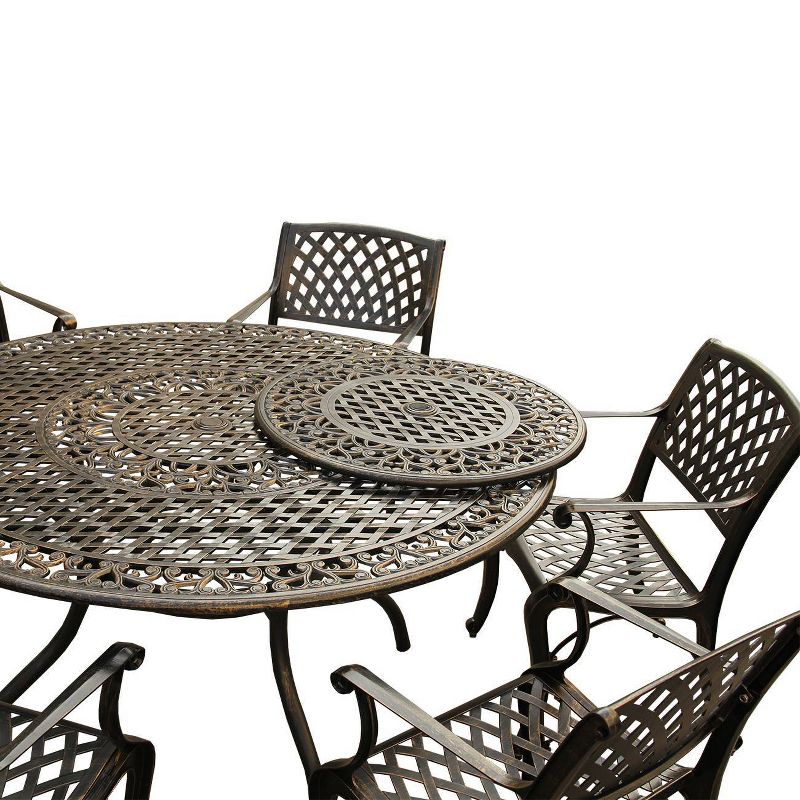7pc Outdoor Dining Set with Ornate Traditional &#38; Modern Contemporary Mesh Lattice Aluminum 59&#34; Round Table - Bronze - Oakland Living, 3 of 8