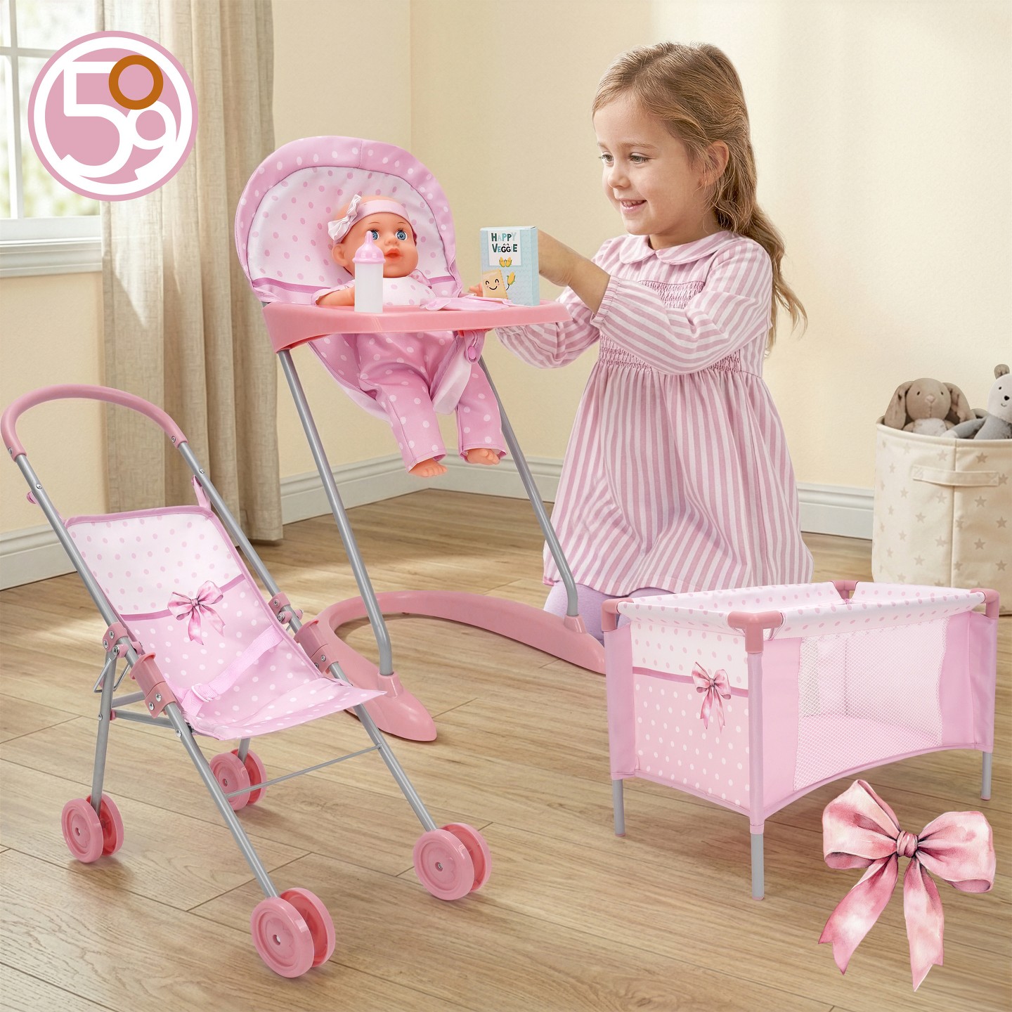 Аксессуары для кукол 509Crew 509 Crew: Bow Travel Care N' Feed Doll Set Stroller Accessories Pink White 9pc, цвет: Розовый — фото 4
