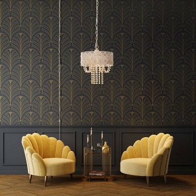 Gold Crystal Drum Pendant Light with Floral Design