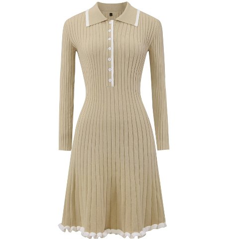 Женские платья INSPIRE CHIC Women's Midi Knitted Ribbed Ruffled A-Line Sweater Polo Dresses Dark Beige Small