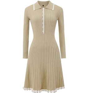 INSPIRE CHIC Women's Midi Knitted Ribbed Ruffled A-Line Sweater Polo Dresses - 1 of 4