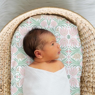Pink and Green Floral Elephant Microfiber Bassinet Sheet Set
