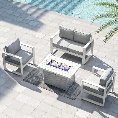 LayinSun 4 Pieces Aluminum Outdoor Patio Furniture Set, Metal Modern Conversation Sofa Set with Fire Pit Table and Washable Thick Cushions