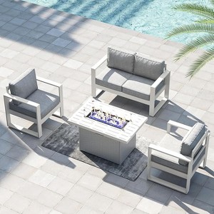 LayinSun 4 Pieces Aluminum Outdoor Patio Furniture Set, Metal Modern Conversation Sofa Set with Fire Pit Table and Washable Thick Cushions - 1 of 4