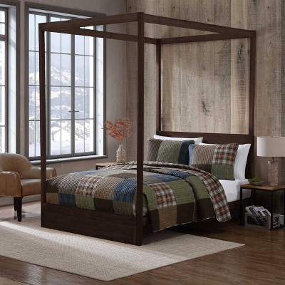 King Size Brown and Green Cotton Reversible Patchwork Quilt Set