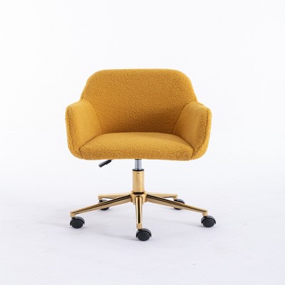 GlasFlength Task and Office Chairs Modern Teddy Fabric Adjustable Height Swivel Chair with Gold Base for Home Office, Yellow, 24.8"*22.8"*33.8"