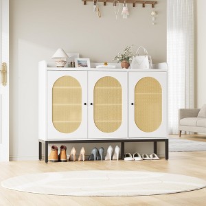 YESFASHION Rattan Shoe Cabinet w/ 3 Doors, Freestanding Shoe Organizer w/ Large Storage Space, 8-Tier Shoe Cabinet w/ Adjustable Shelves for Entryway - 1 of 4