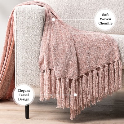 Blush Pink Chenille Knitted Reversible Throw Blanket with Tassel Fringe