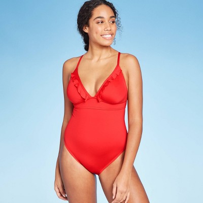 red one piece swimsuit with ruffles