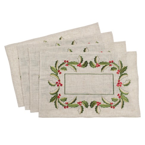 Saro Lifestyle Embroidered Holly Design Christmas Linen Blend Placemat -  Set of 4, 14