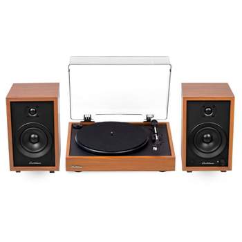 Electrohome Montrose Record Player Stereo System with 4" Bluetooth Powered Bookshelf Speakers, Belt-Drive Turntable - Teak