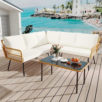 4-Piece Outdoor Wicker Patio Furniture Set, L-Shaped Sectional with Cushions, Side Table & Chairs, Boho Rattan 5-Seater for Porch, Backyard