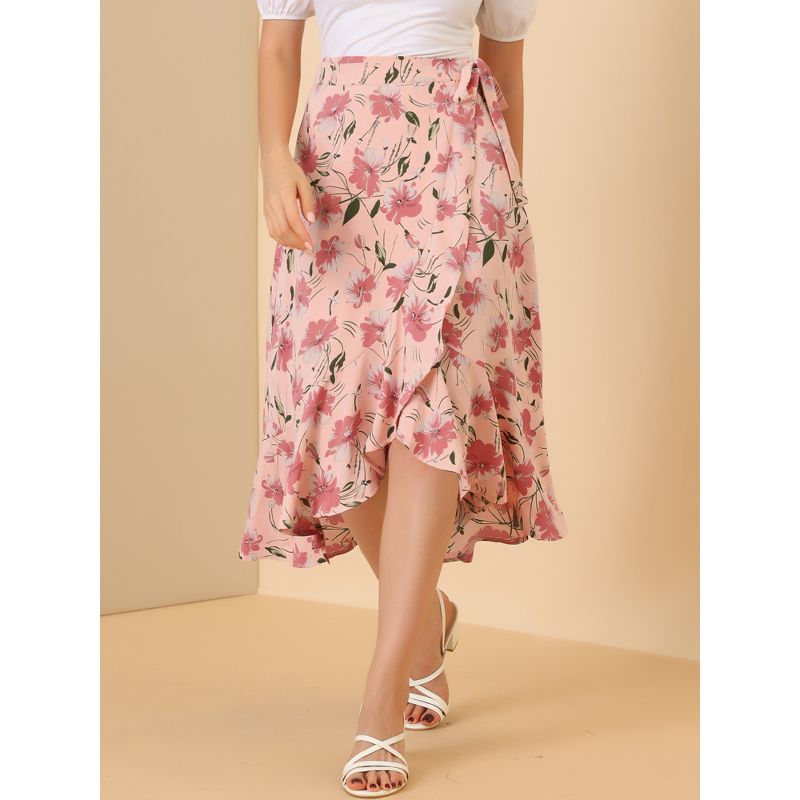 Allegra K Women's Floral Asymmetrical Ruffle Tie Waist Midi Wrap Skirts, 4 of 7