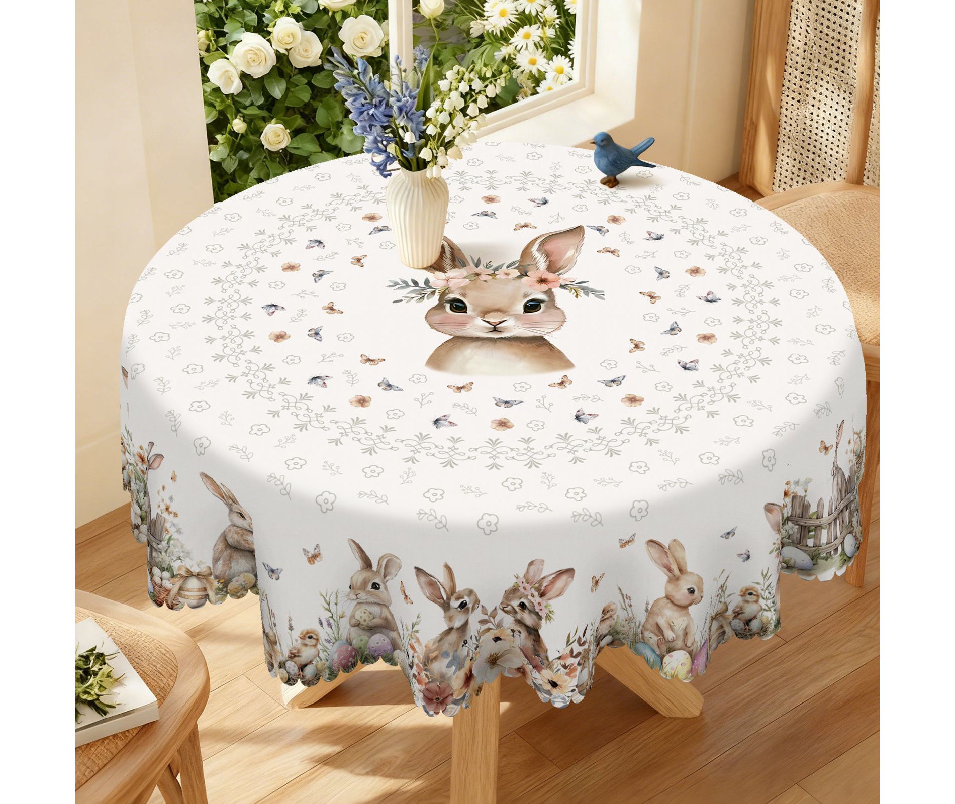 LOVEVOOK Round Easter Tablecloth, Rectangle Eggs Rabbit Tablecloths for Kitchen Dinner, Spring Floral Table Cover for Party Picnic Holiday Decor