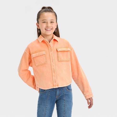 Girls Printed Orange Fleece Jacket