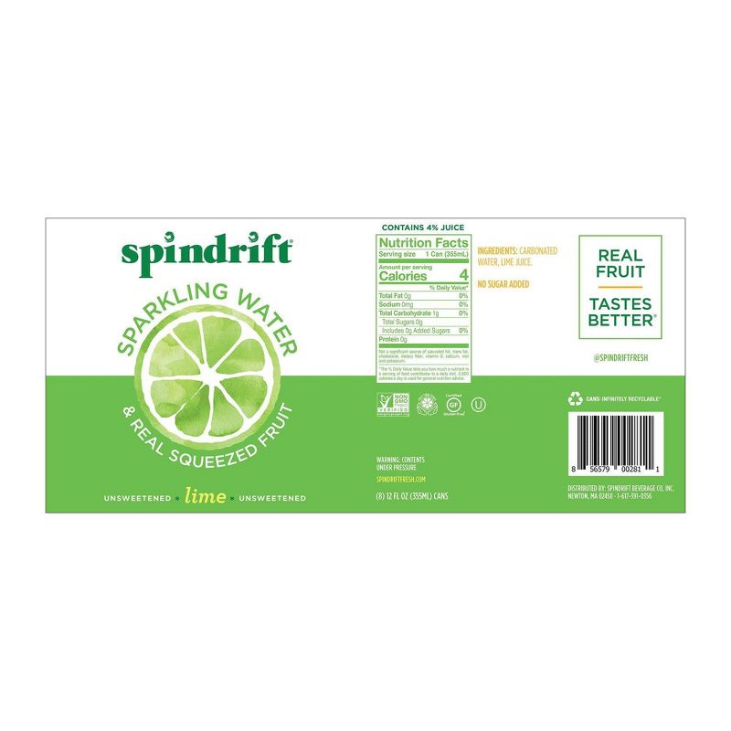 Spindrift Lime Sparkling Water - 8pk/12 fl oz Cans, 4 of 5
