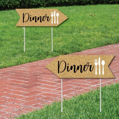 Big Dot of Happiness Gold Wedding Dinner Signs - Wedding Sign Arrow - Double Sided Directional Yard Signs - Set of 2 Dinner Signs