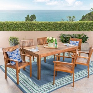 Wiloson 7pc Acacia Dining Set - Teak - Christopher Knight Home: Weather-Resistant, 6 Arm Chairs - 1 of 4