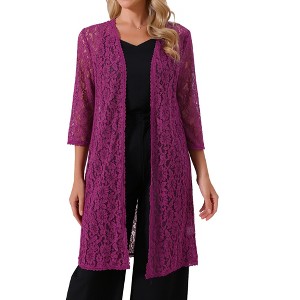INSPIRE CHIC Women's 3/4 Sleeve Lace Elegant Long Flowy Crochet Open Cardigan - 1 of 4