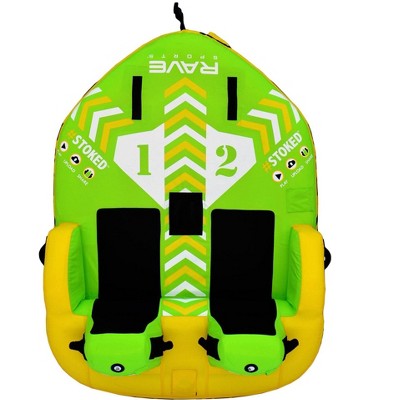 RAVE Sports Stoked 75 Inch Seated Inflatable Towable Double Water Sports Boat Lake Tube with Seats, Handles, and Quick Connect Tow Points, Green